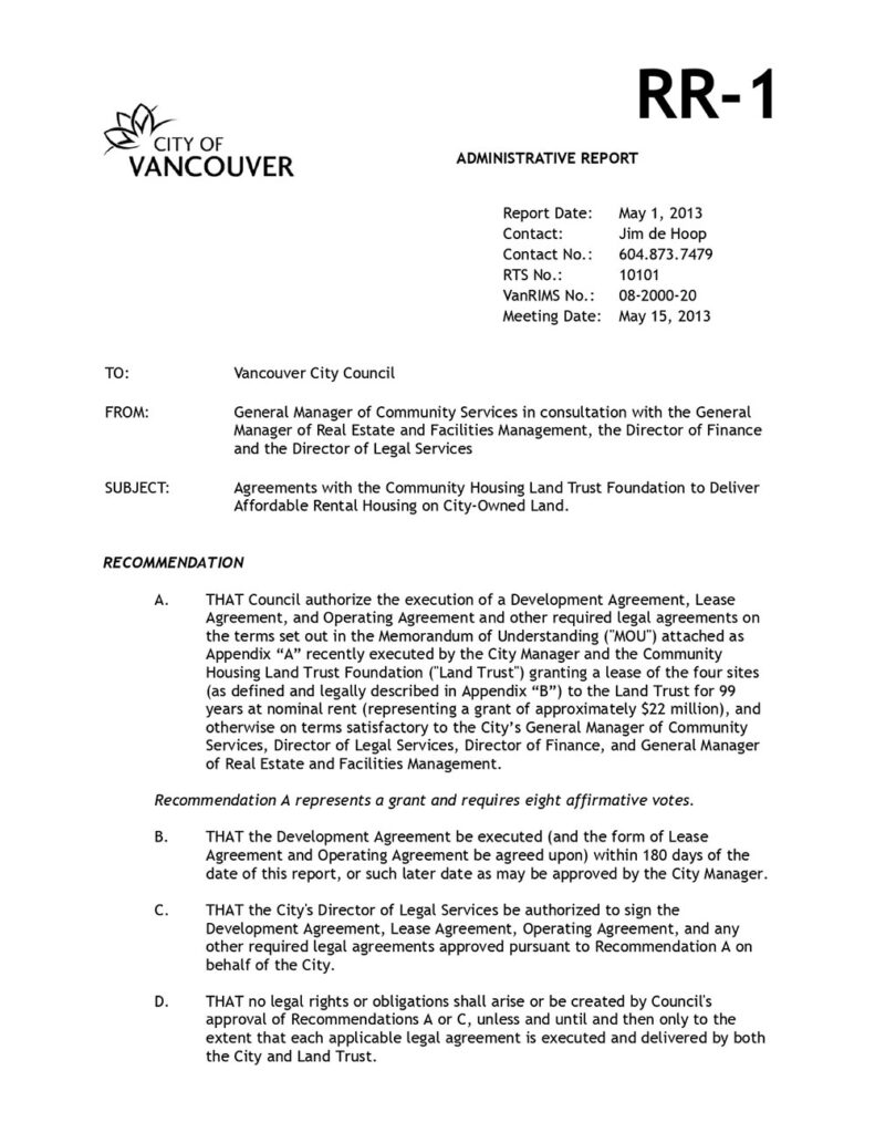 City of Vancouver, Administrative Report to Council